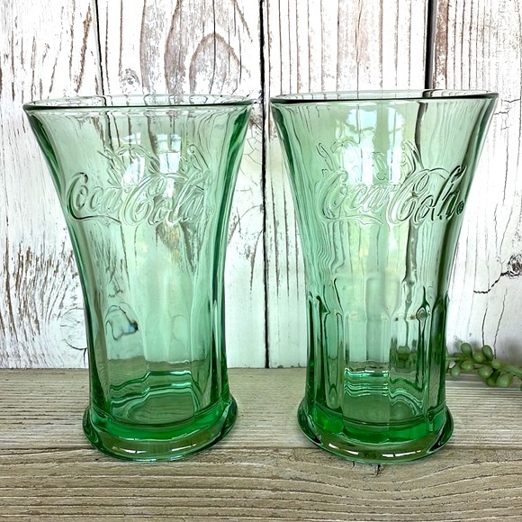 2 Vintage Flared 16 oz Coca Cola Coke Green Libbey Glass Tumblers - Picture 1 of 4